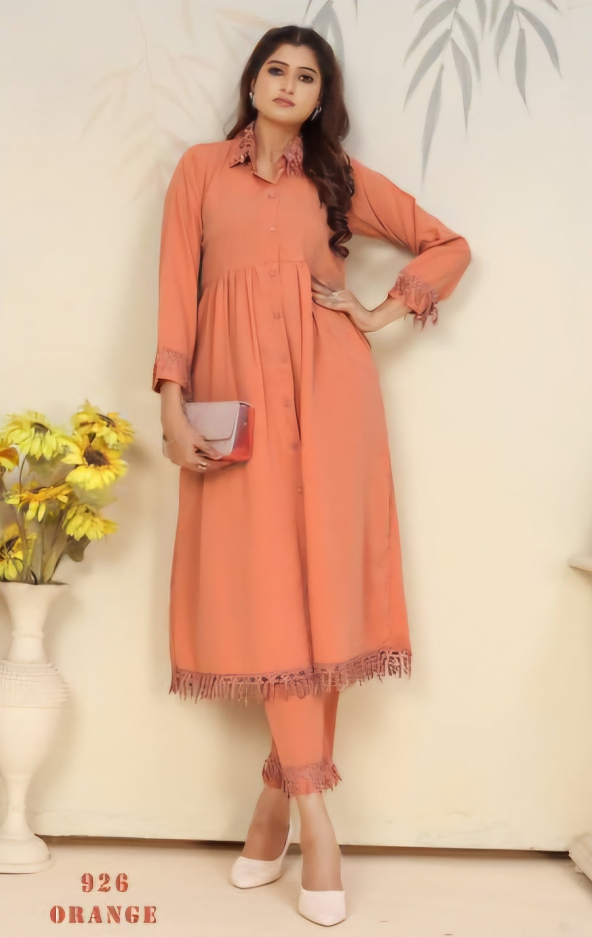 Orange Cotton umbrella Kurti With Bottom set