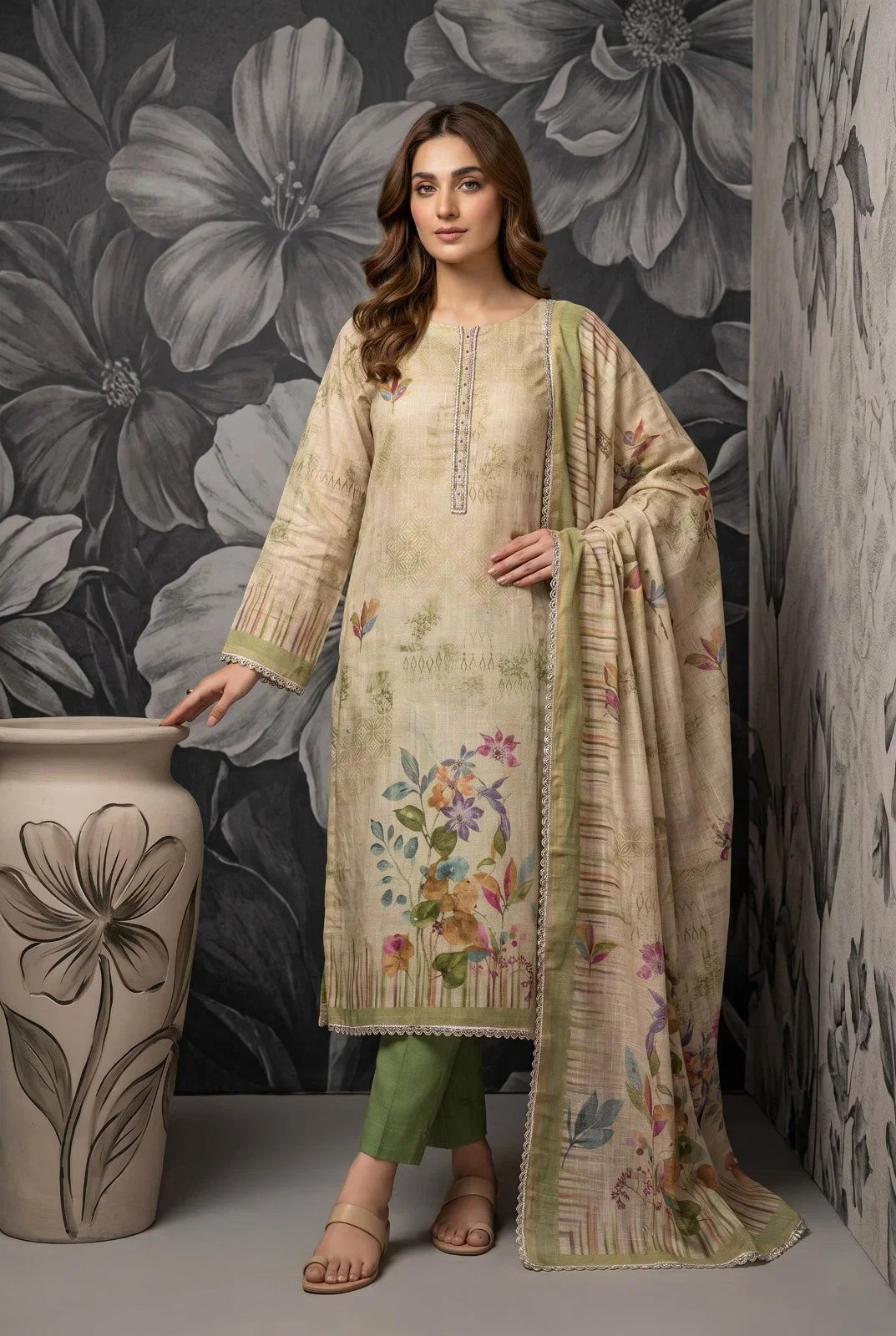 Cotton Linen Kurti With Bottom & Dupatta set, Pista Green