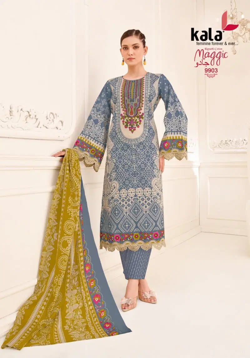 Sky blue printed kurti, bottom & dupatta set