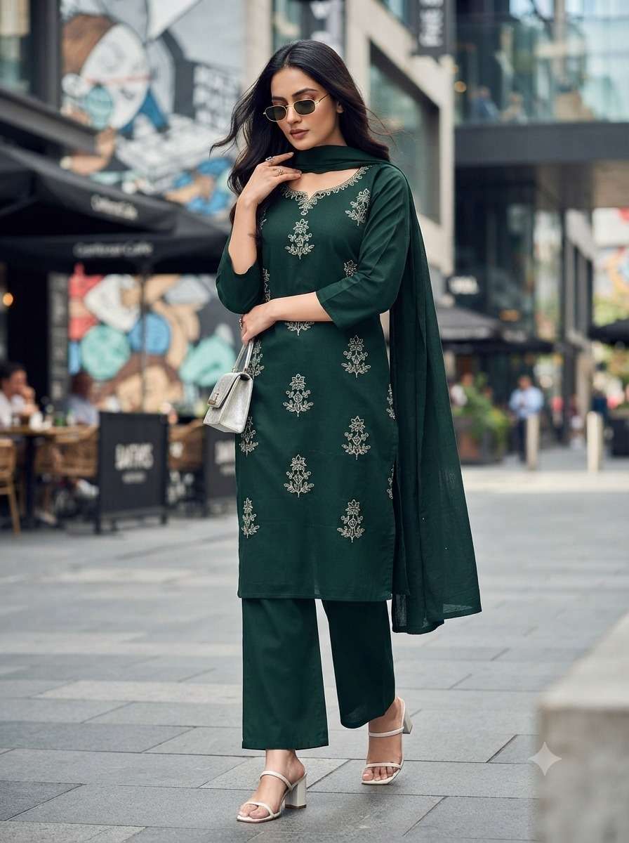 Dark Green Cotton Kurti With Pant & Dupatta