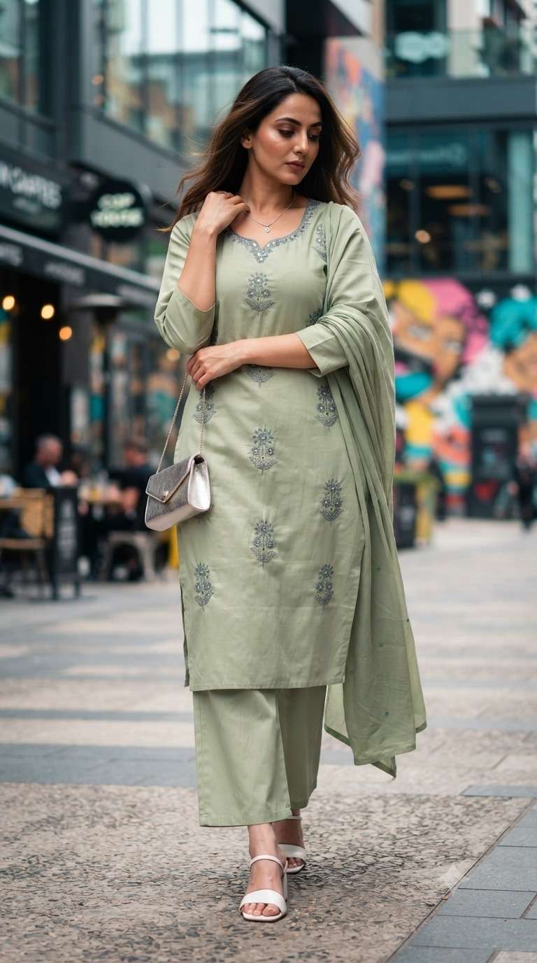 Greyish Green Cotton Kurti With Pant & Dupatta