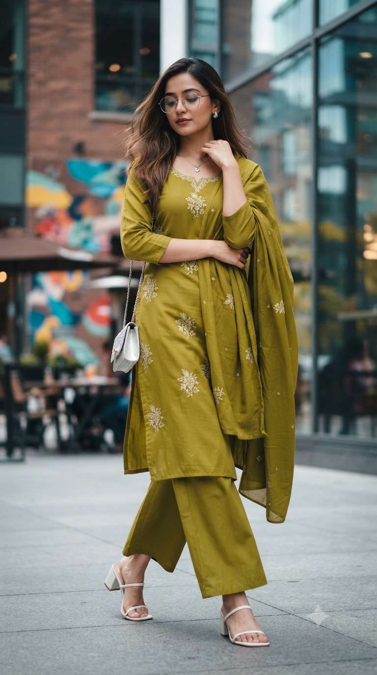 Lime Green Cotton Kurti With Pant & Dupatta