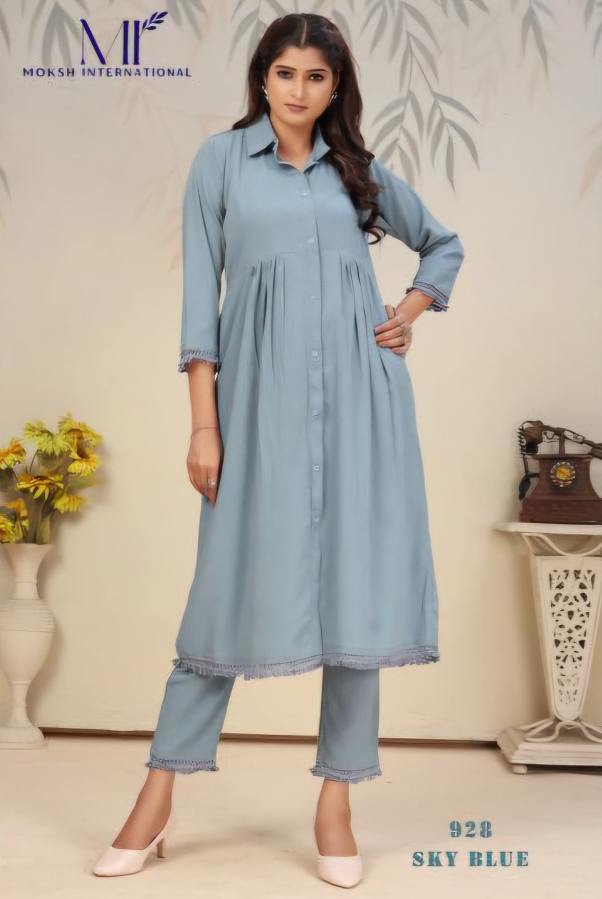 Sky Blue Cotton umbrella Kurti With Bottom set