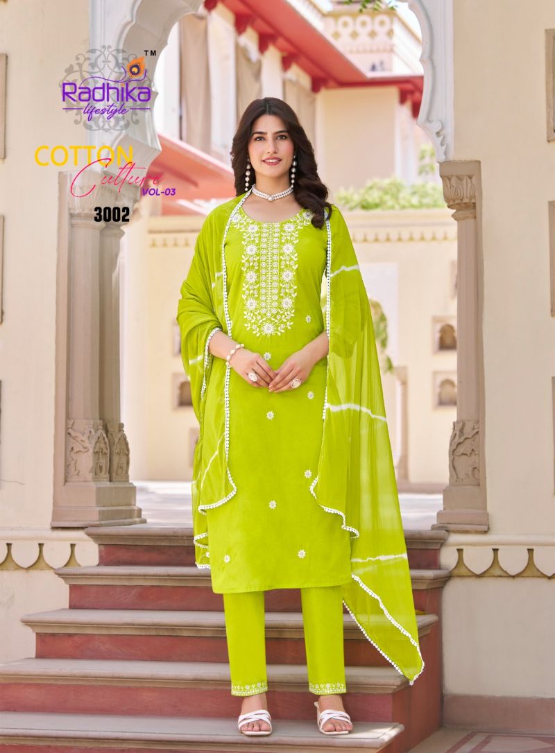 Lime Green cotton embroidered Kurti with Bottom & Dupatta