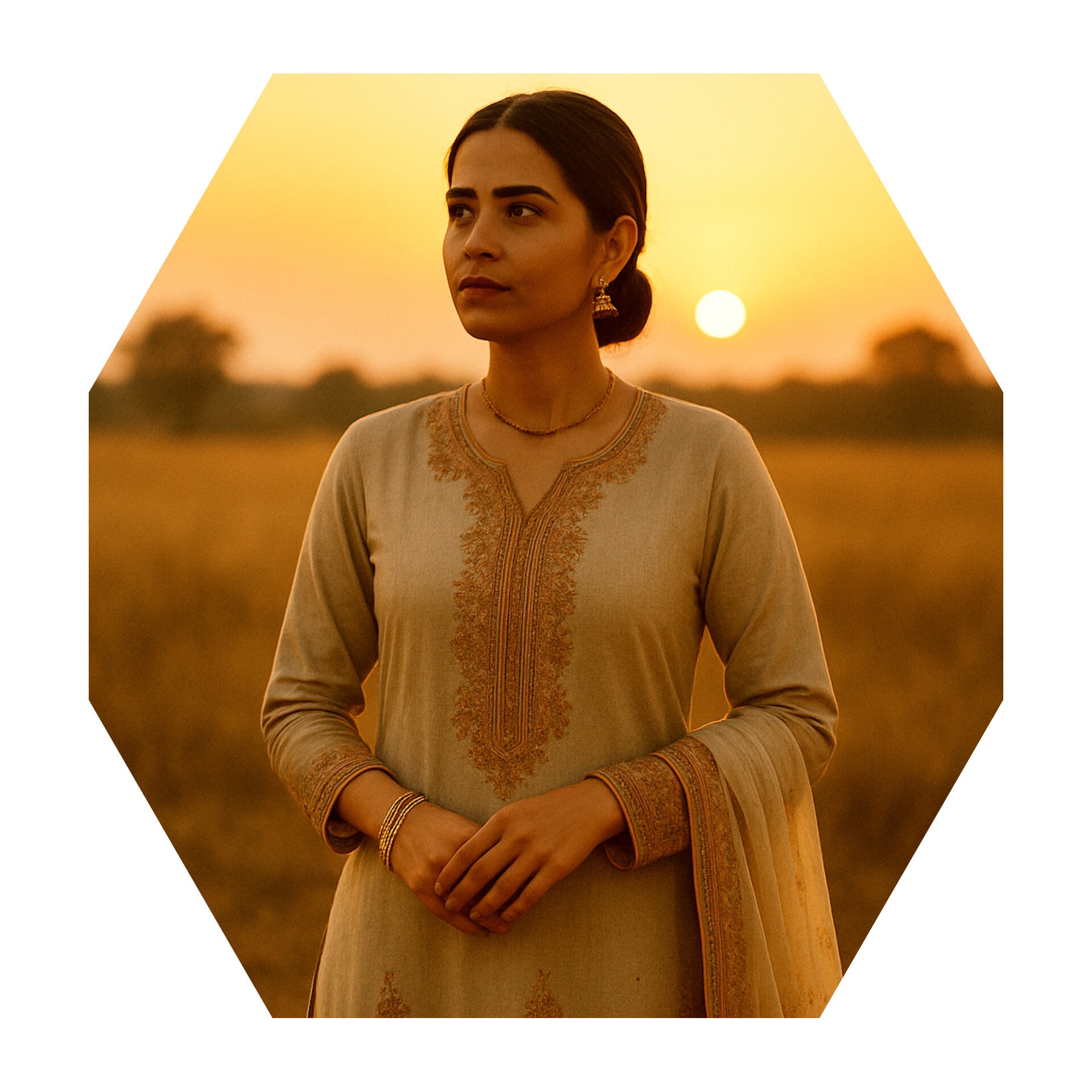 Woman in traditional attire standing in a field with a sunset in the background