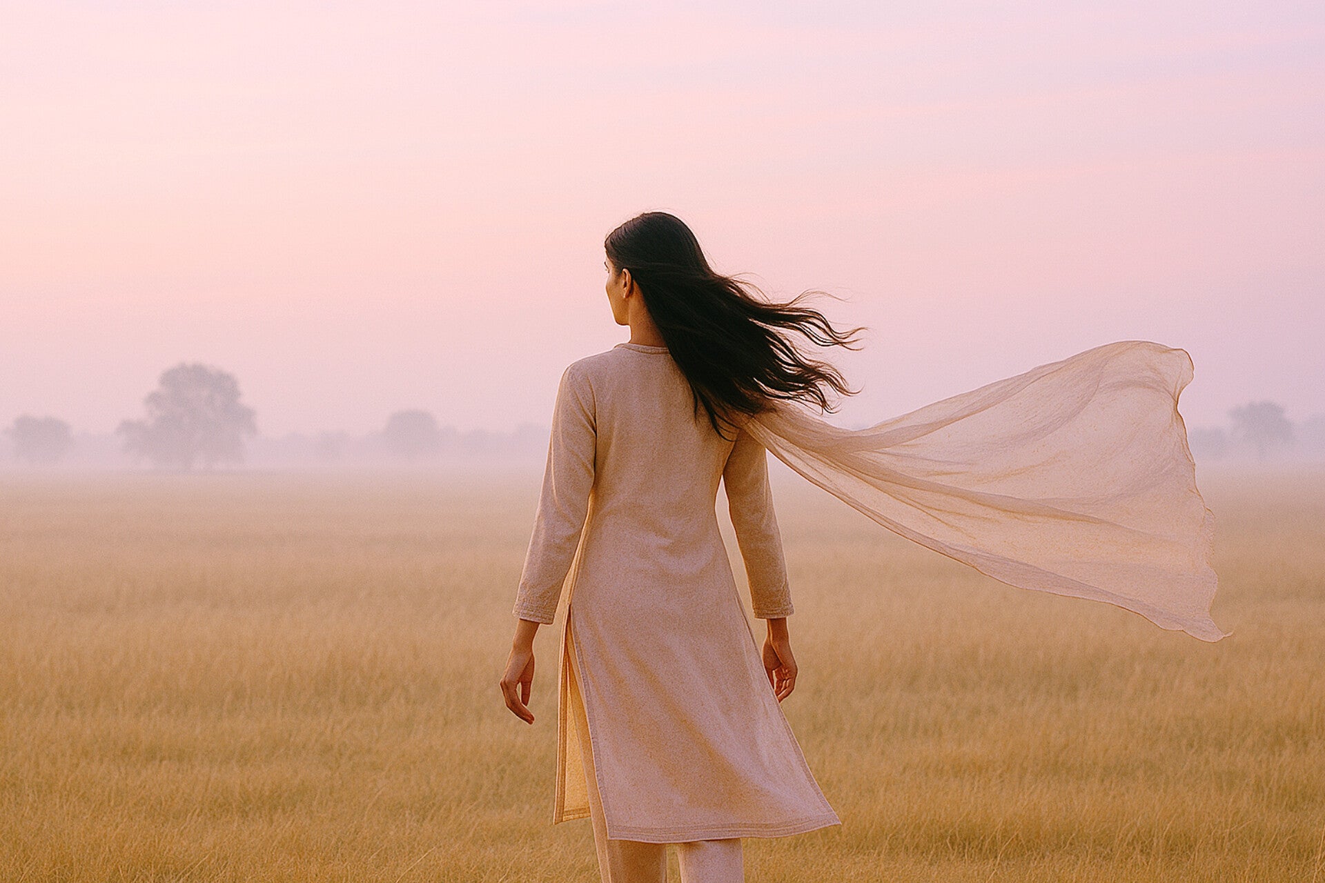 Woman in a flowing dress standing in a misty field at sunset
