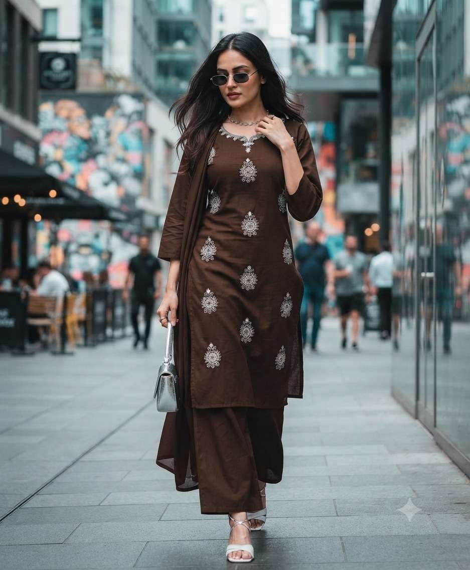Dark Brown Cotton Kurti With Pant & Dupatta