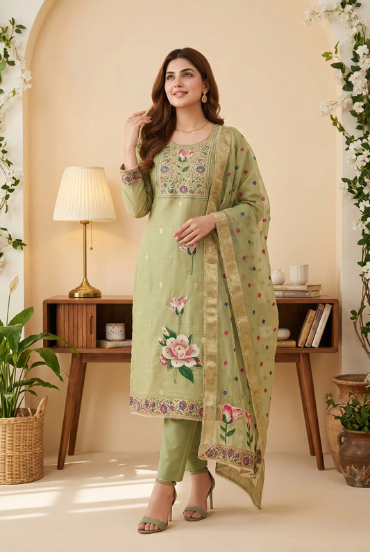Green Banarasi embroidery Kurti set, Pure Indian Cotton