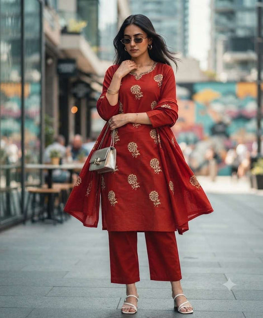Red Cotton Kurti With Pant & Dupatta