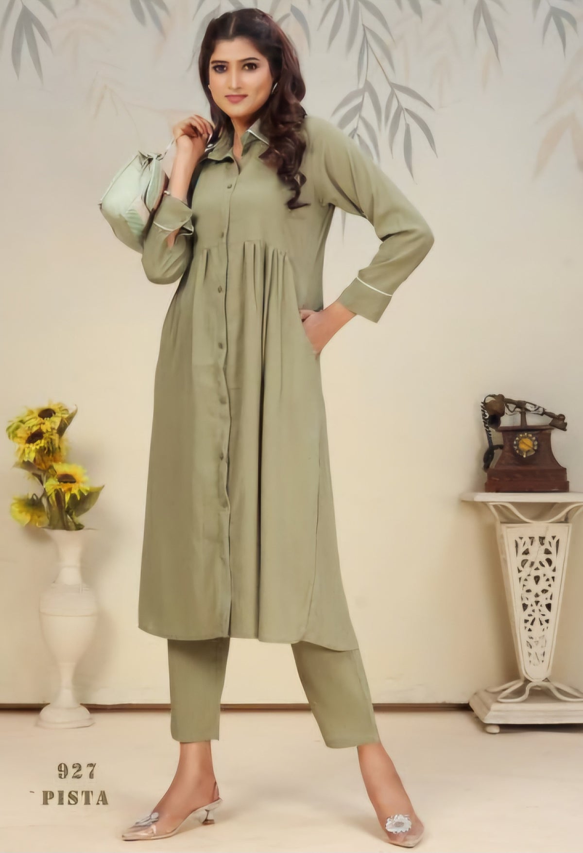 Pista Green Cotton umbrella Kurti With Bottom set