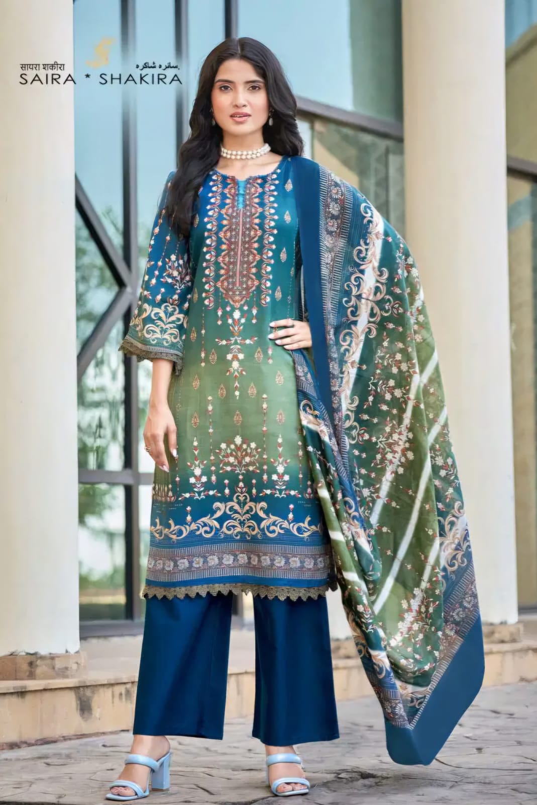 Ganesha - patterned blue gradient kurti with bottom & dupatta set
