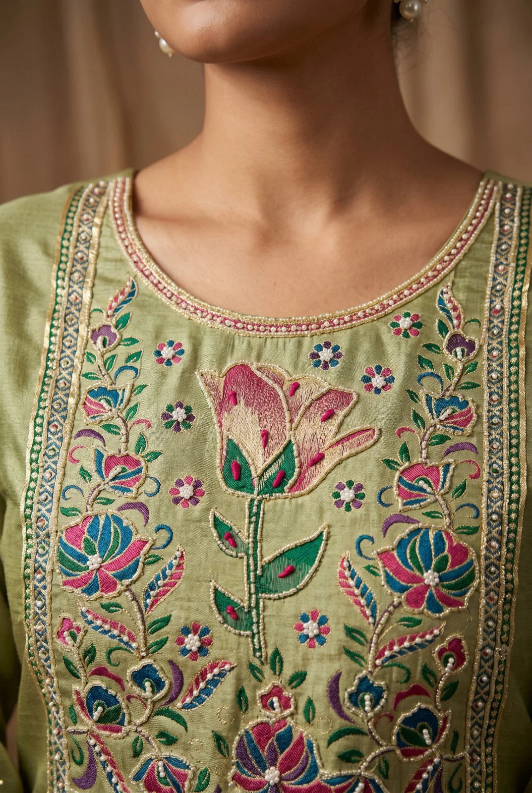 Green Banarasi embroidery Kurti set, Pure Indian Cotton