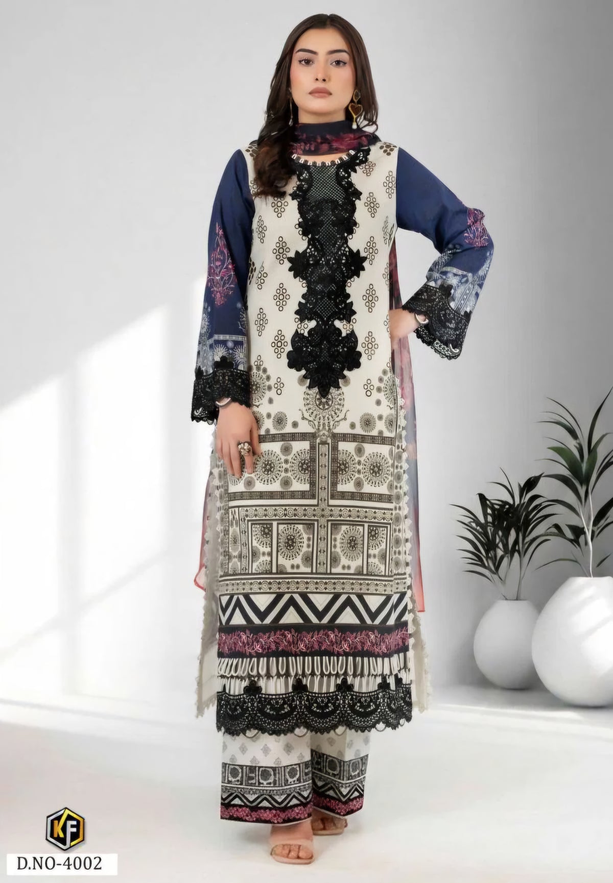 Midnight Ivory Pakistani Kurti, Bottom & Dupatta Set