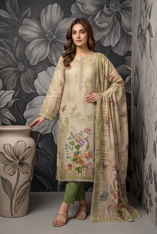 Cotton Linen Kurti With Bottom & Dupatta set, Pista Green
