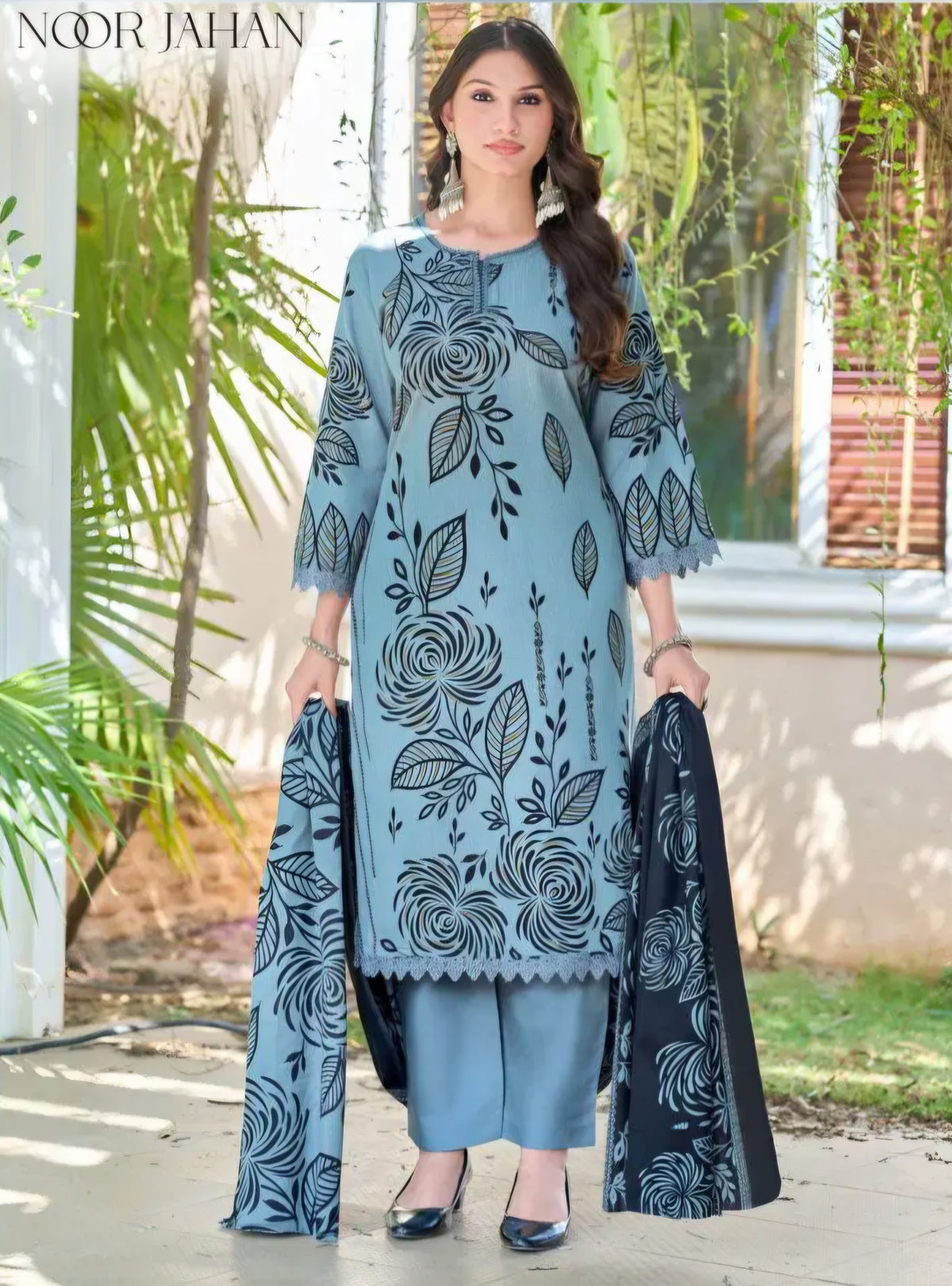 Ganesha - Sky Blue floral print kurti with bottom & dupatta