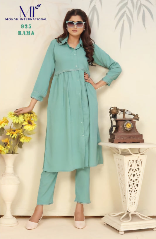 Icy Blue Cotton umbrella Kurti With Bottom set