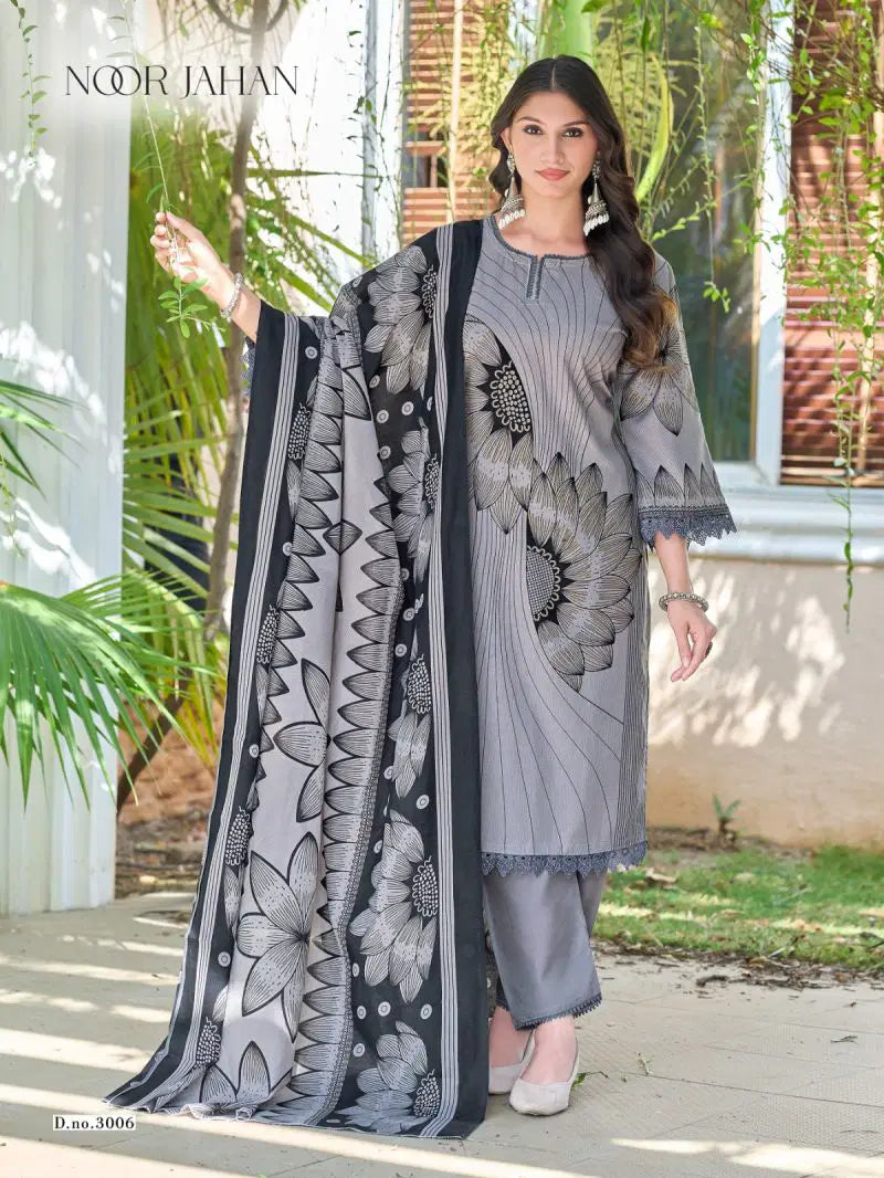 Ganesha - Light grey floral print kurti with bottom & dupatta set