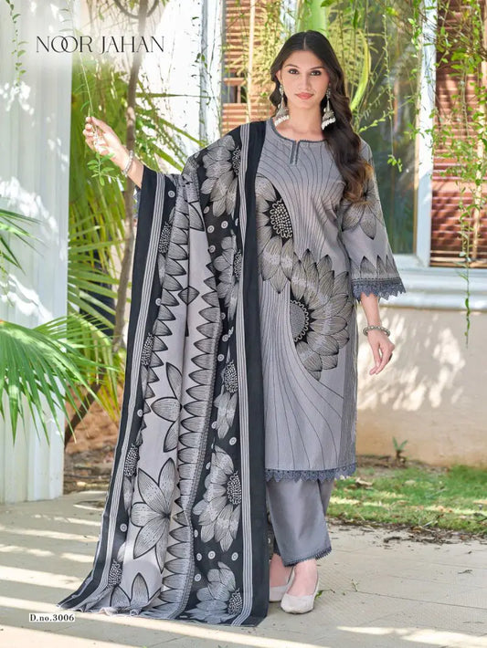 Ganesha - Light grey floral print kurti with bottom & dupatta set