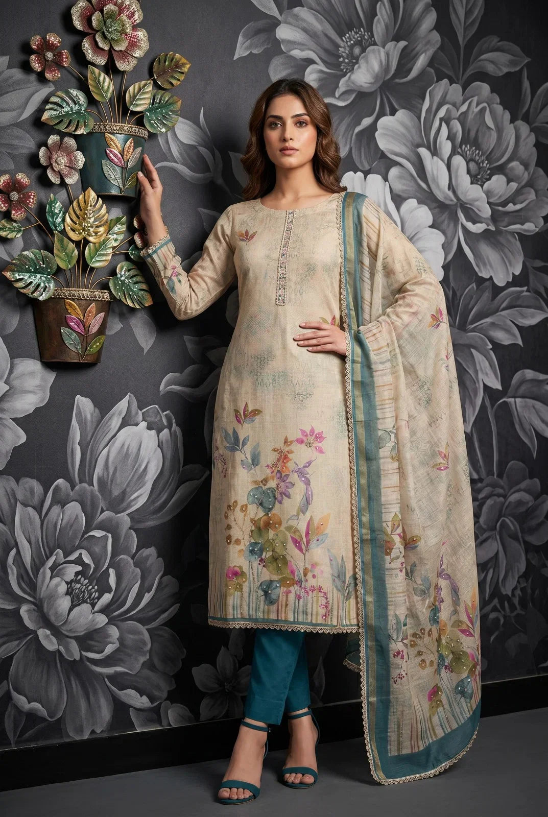 Blue Cotton Linen Kurti With Bottom & Dupatta set