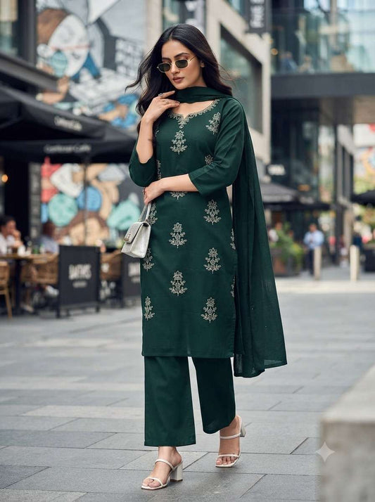 Dark Green Cotton Kurti With Pant & Dupatta