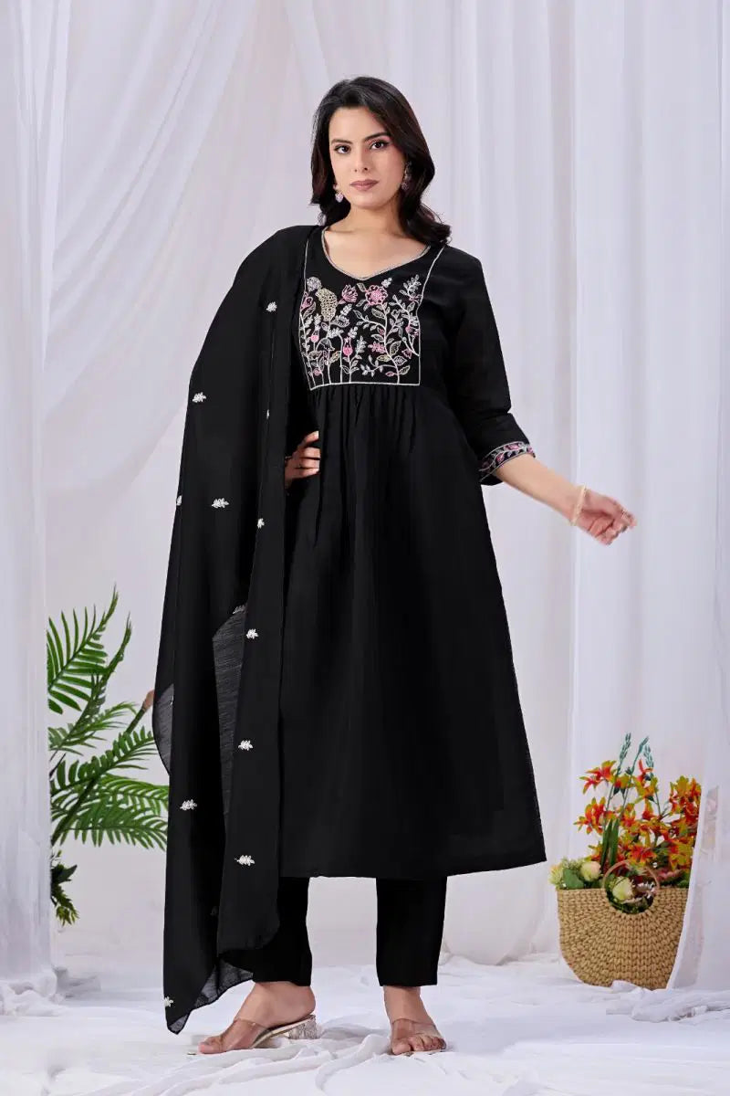 Black Mul Cotton Handworked Kurti With Bottom & Dupatta