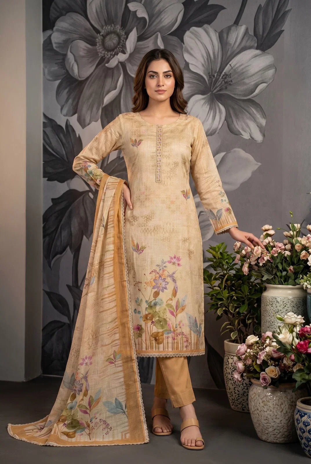 Gold Cotton Linen Kurti With Bottom & Dupatta set