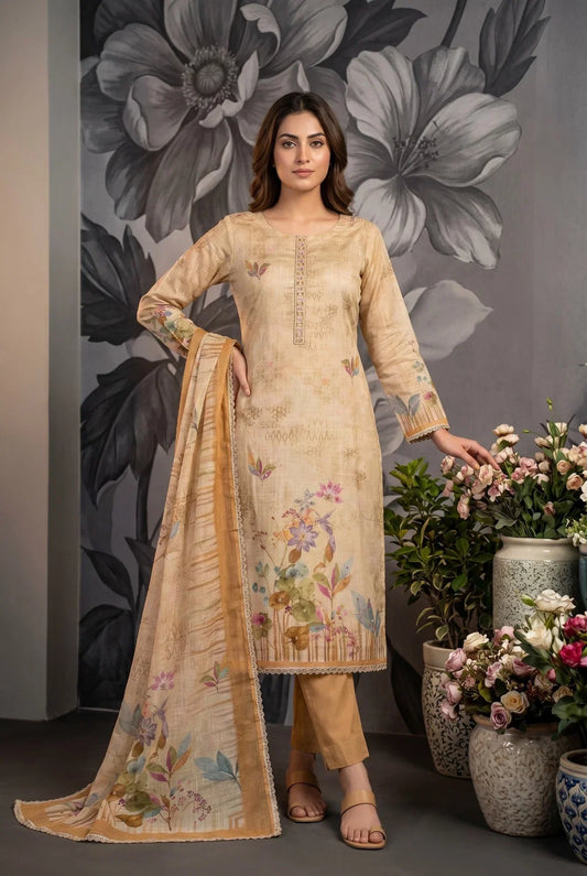 Gold Cotton Linen Kurti With Bottom & Dupatta set