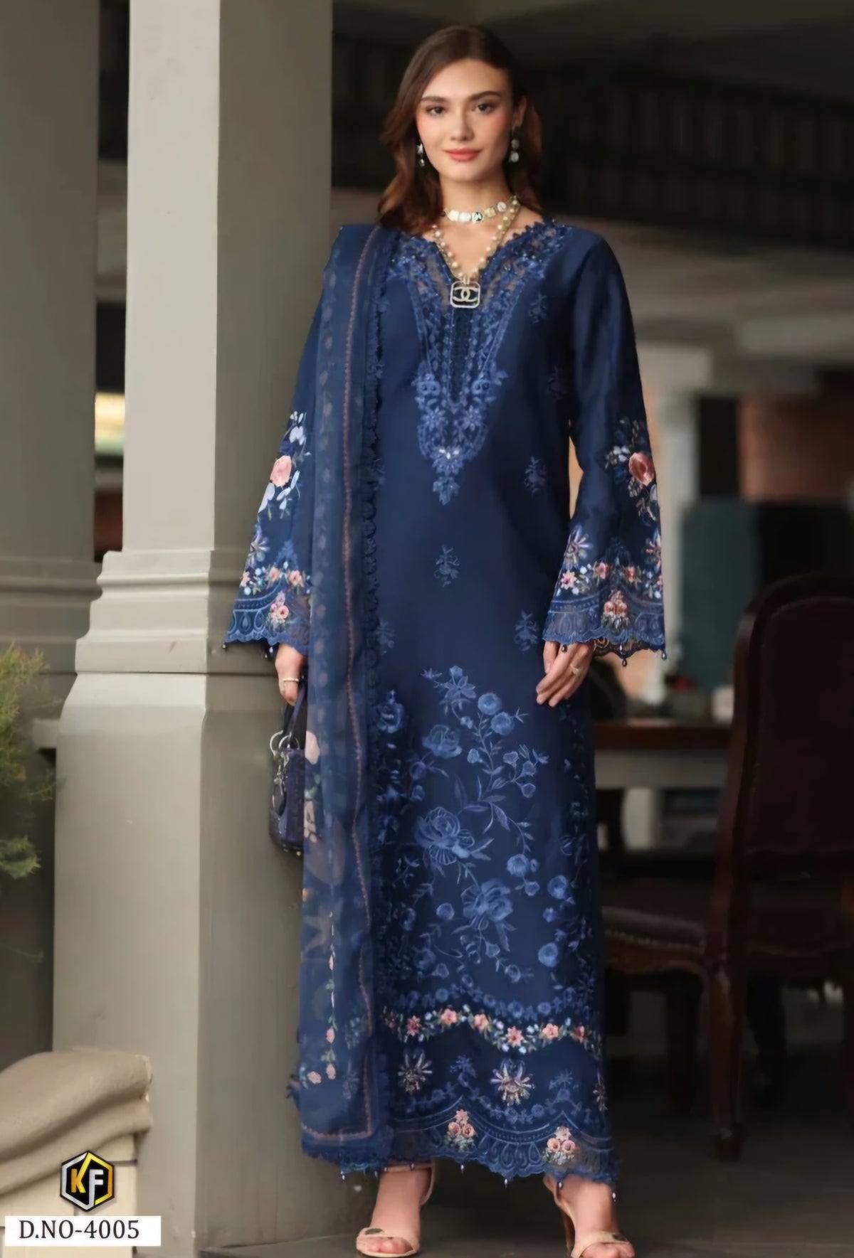 Royal Blue Garden Pakistani Kurti, Bottom & Dupatta Set