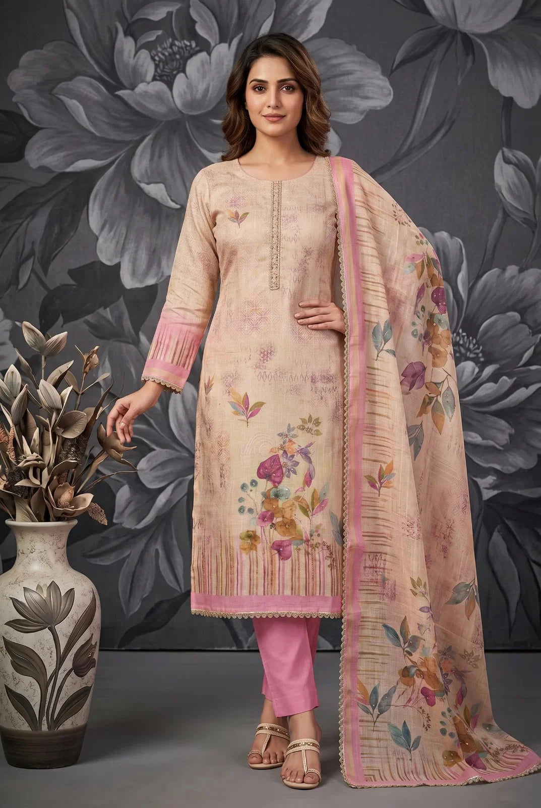 Cotton Linen Kurti With Bottom & Dupatta set, Pretty Pink