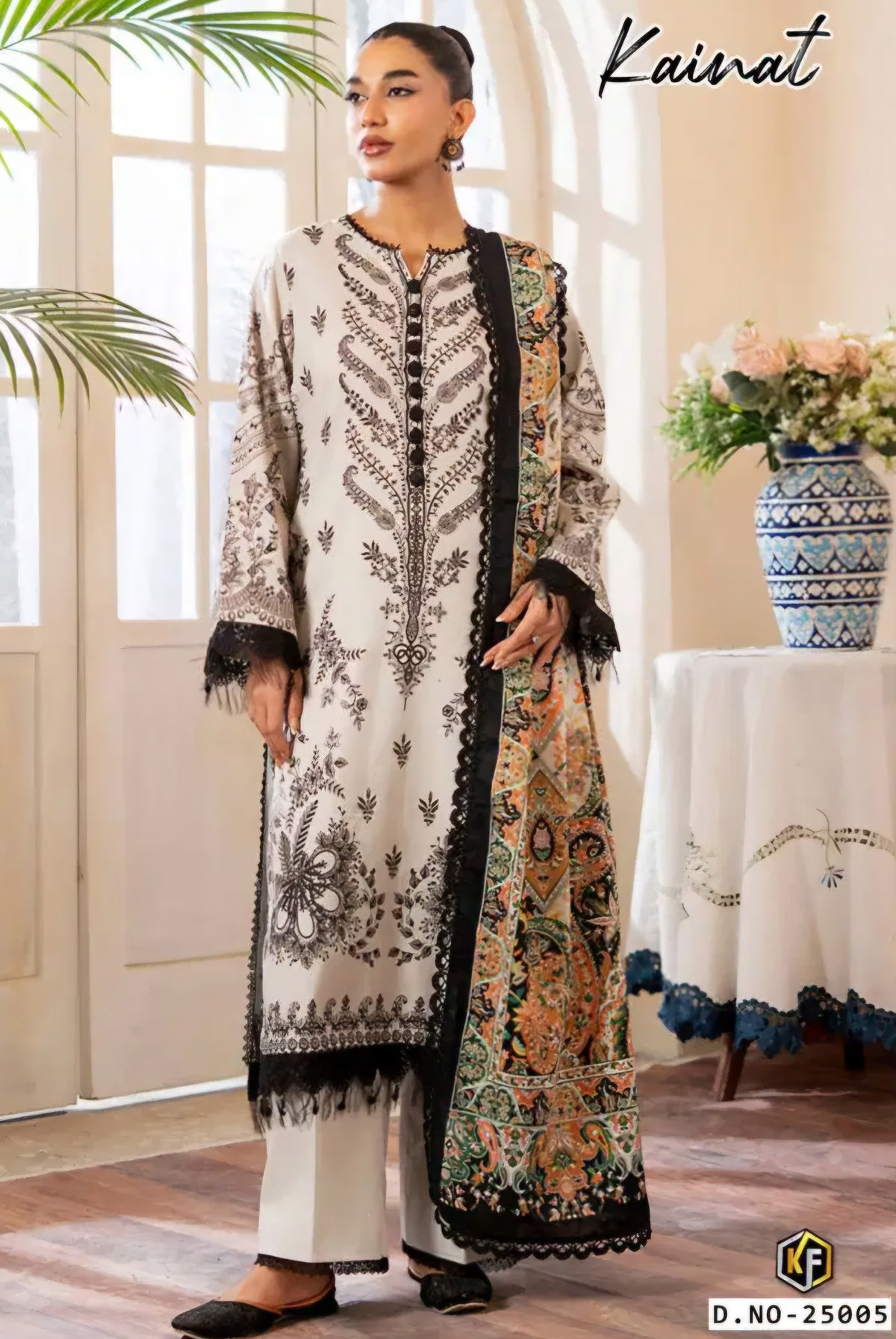 Black & White Readymade Cotton Pakistani Kurti With Pant & Dupatta