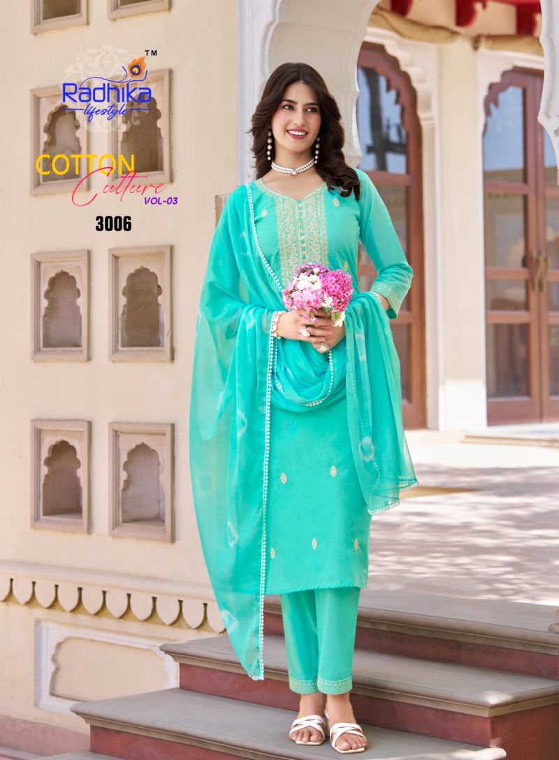 Bright Blue Cotton embroidered Kurti with Bottom & Dupatta