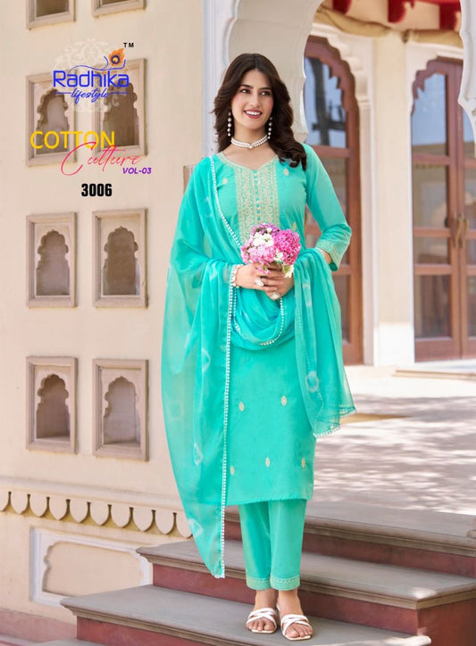 Bright Blue Cotton embroidered Kurti with Bottom & Dupatta