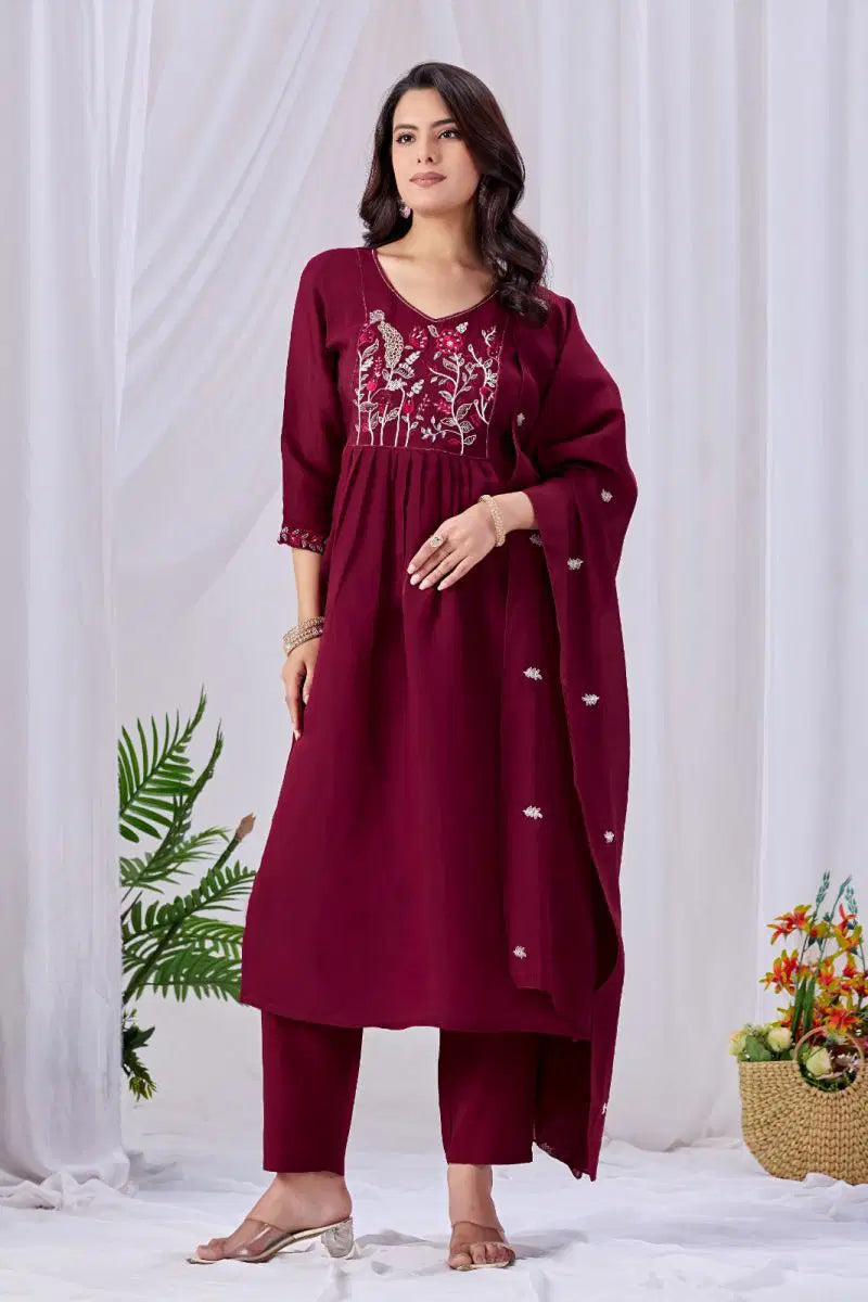 Dark Red Mul Cotton Handworked Kurti With Bottom & Dupatta