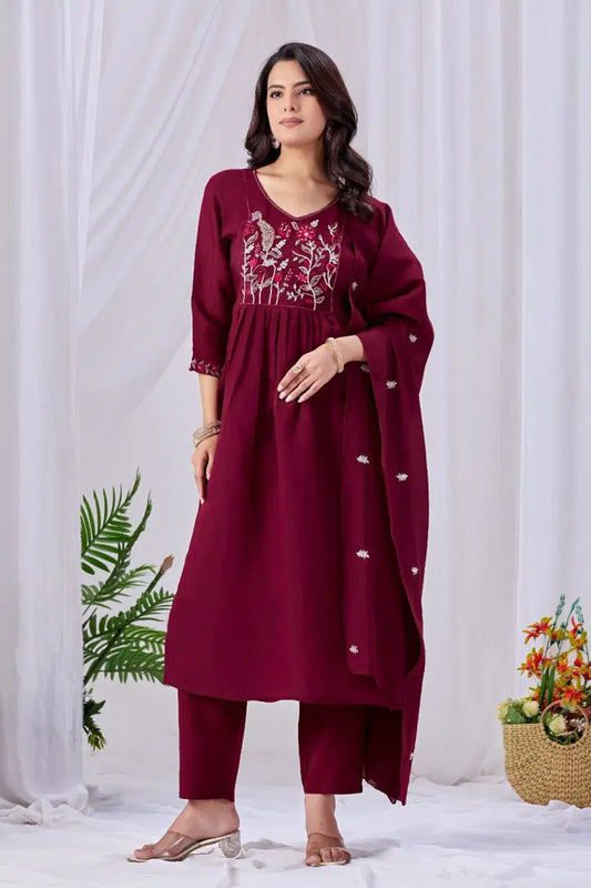Dark Red Mul Cotton Handworked Kurti With Bottom & Dupatta