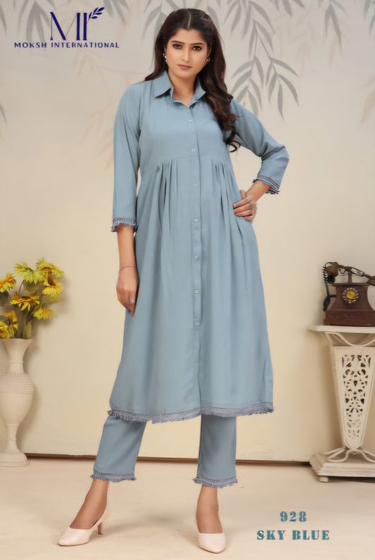 Sky Blue Cotton umbrella Kurti With Bottom set