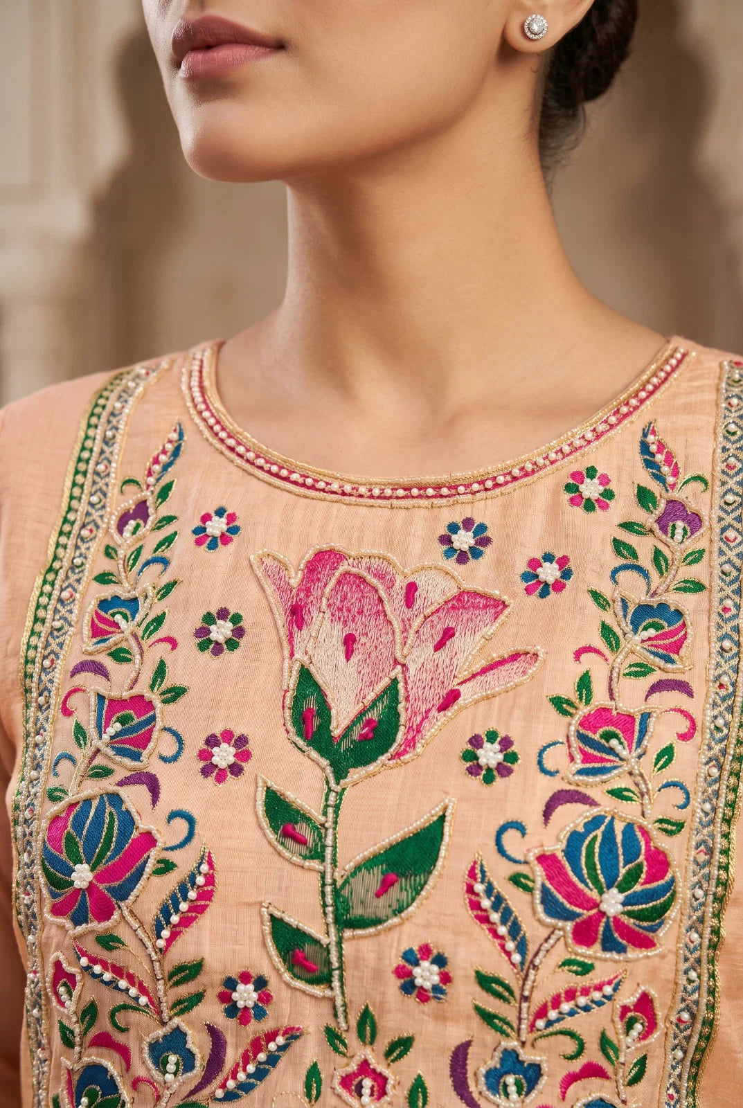Cute Peach Banarasi embroidery Kurti set, Pure Indian Cotton