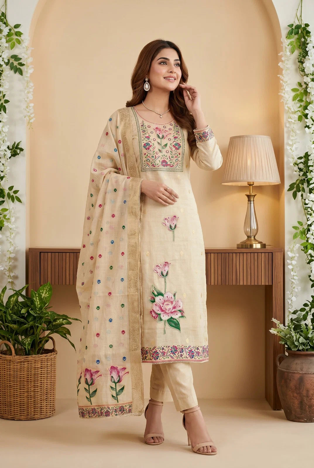 Beige Banarasi embroidery Kurti set, Pure Indian cotton