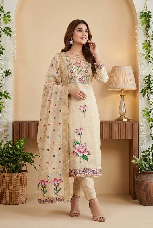 Beige Banarasi embroidery Kurti set, Pure Indian cotton