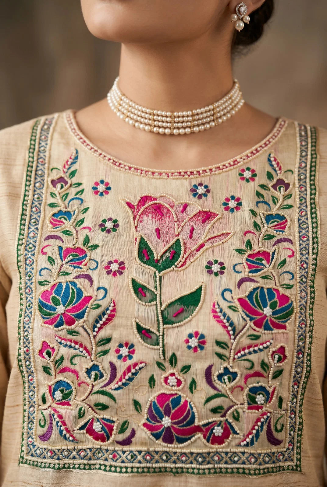 Beige Banarasi embroidery Kurti set, Pure Indian cotton