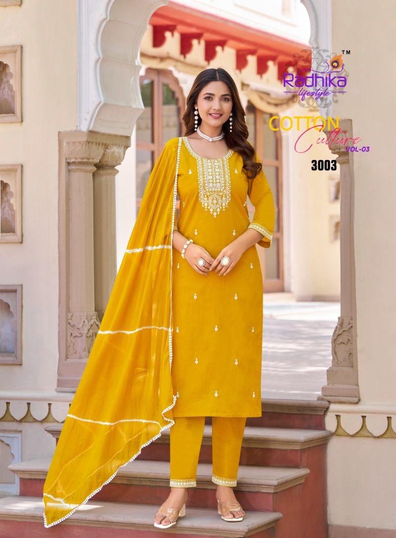 Yellow Cotton embroidered Kurti with Bottom & Dupatta