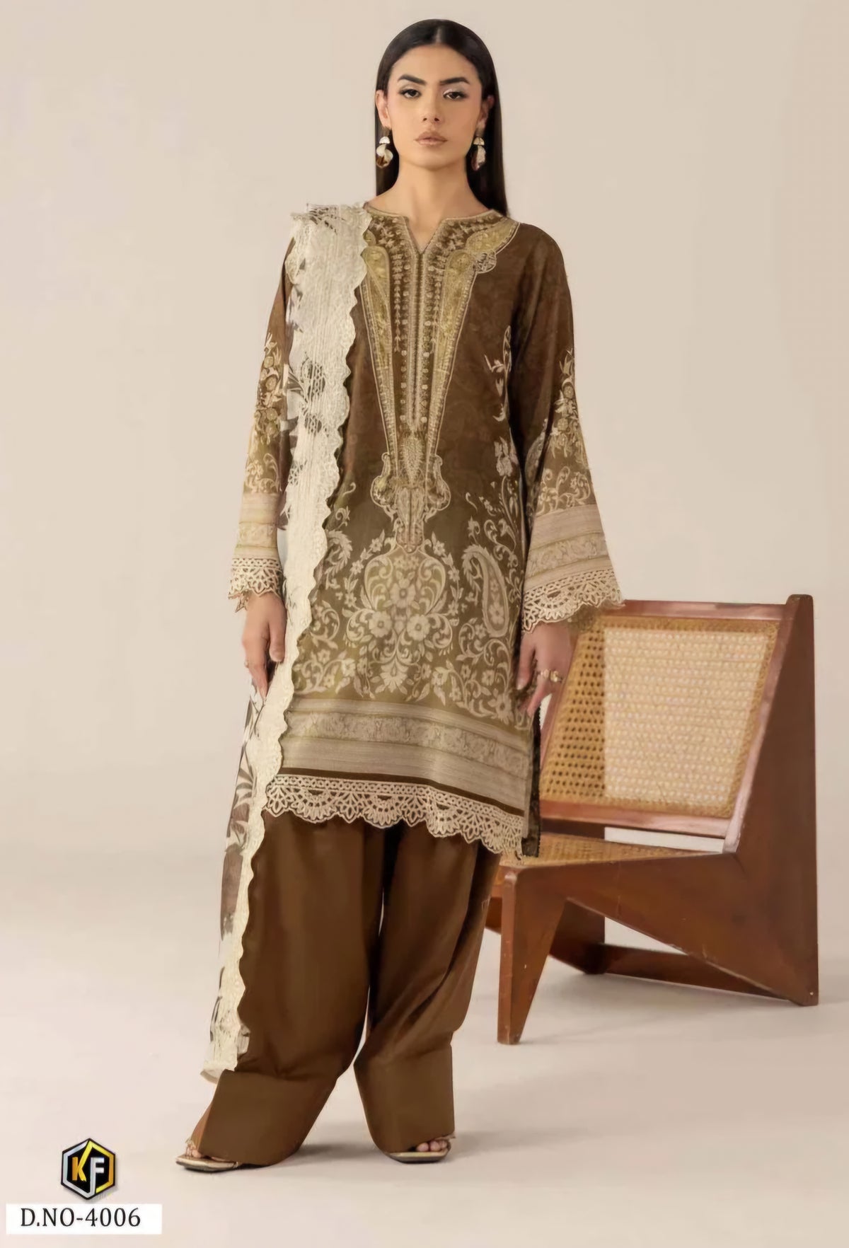 Mocha Elegance Pakistani Kurti, Bottom & Dupatta Set