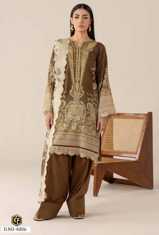 Mocha Elegance Pakistani Kurti, Bottom & Dupatta Set