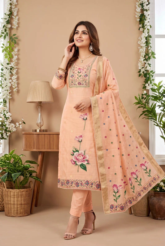Cute Peach Banarasi embroidery Kurti set, Pure Indian Cotton