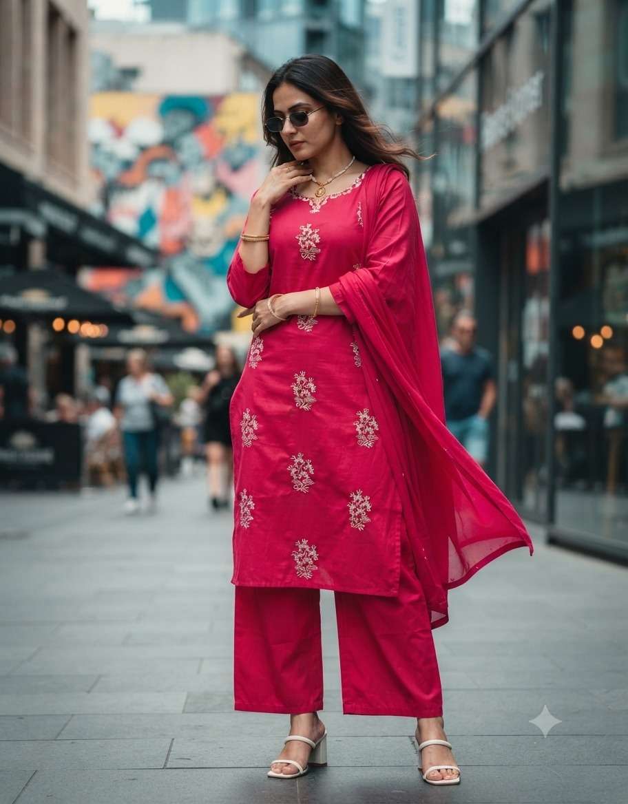 Dark Pink Cotton Kurti With Pant & Dupatta