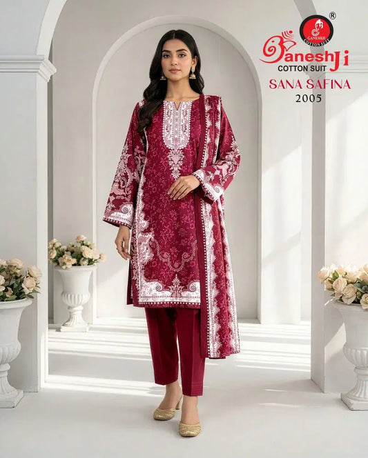 Ganeshji - Red Cotton Pakistani Kurti With Pant & Dupatta