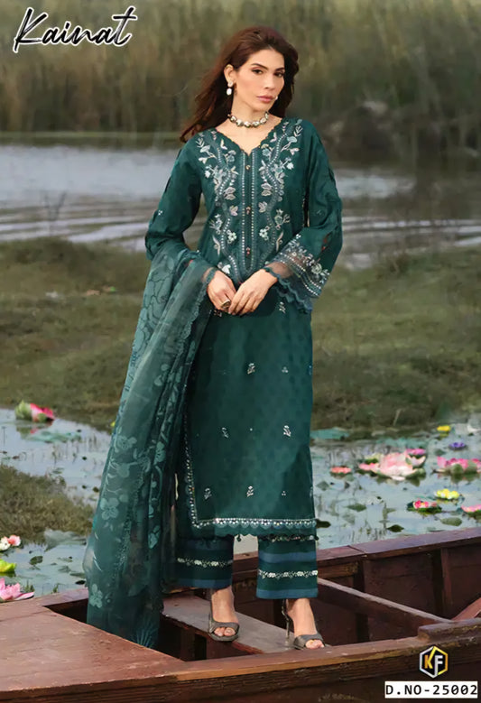 Dark Green Readymade Cotton Pakistani Kurti With Pant & Dupatta