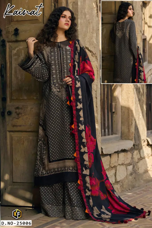 Dark Charcoal Grey Readymade Cotton Pakistani Kurti With Pant & Dupatta